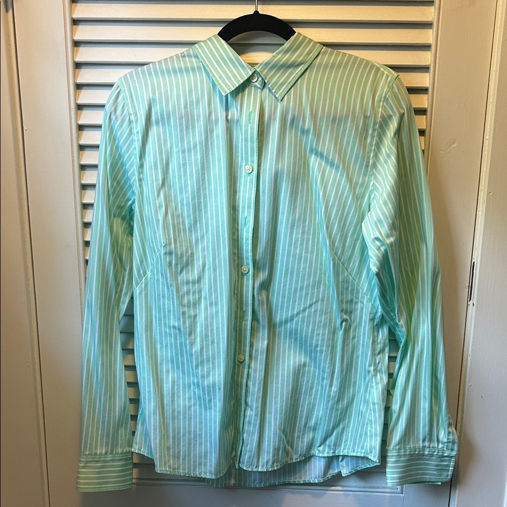 Banana Republic ladies green/white stripes 14 button down fitted blouse shirt